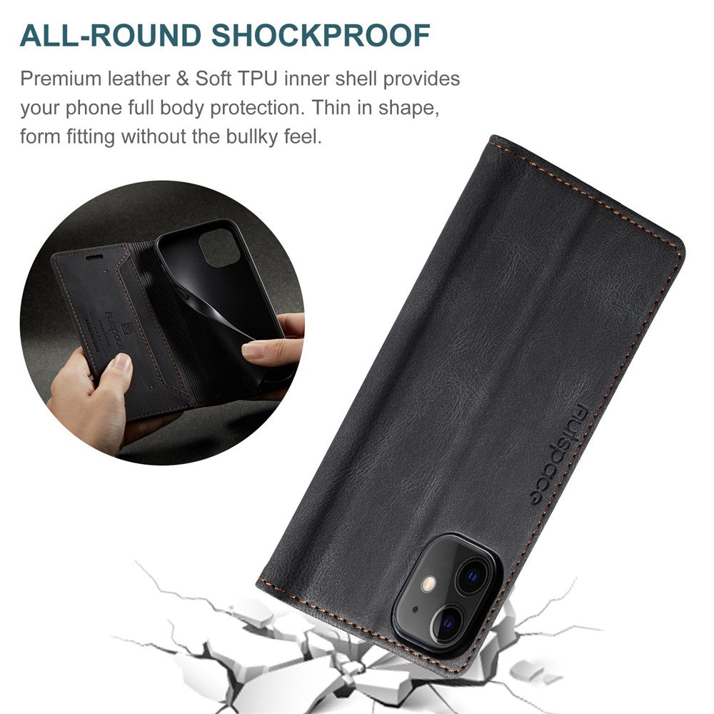 AUTSPACE A01-serien til iPhone 12/12 Pro, 6,1-tommers PU-lædercover med RFID-blokerende pung og foldbart stativ