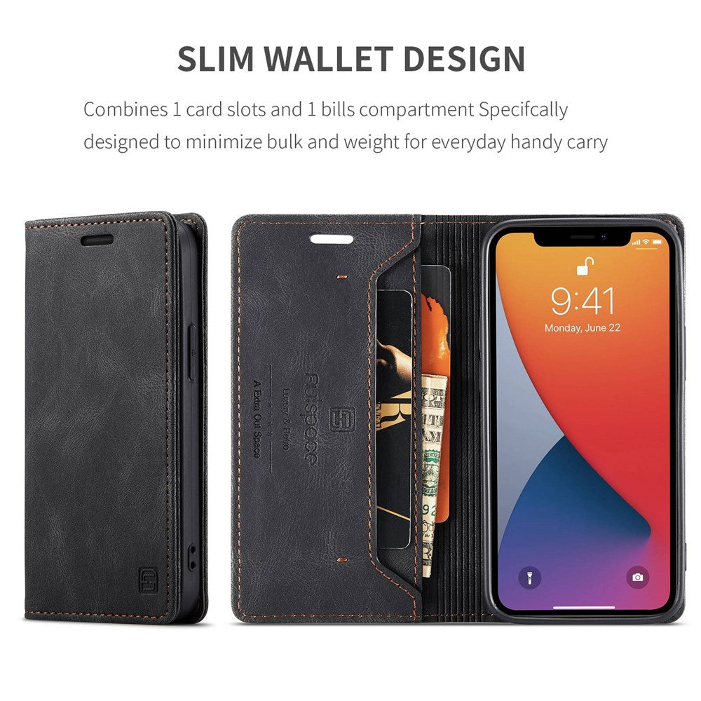 AUTSPACE A01-serien til iPhone 12/12 Pro, 6,1-tommers PU-lædercover med RFID-blokerende pung og foldbart stativ