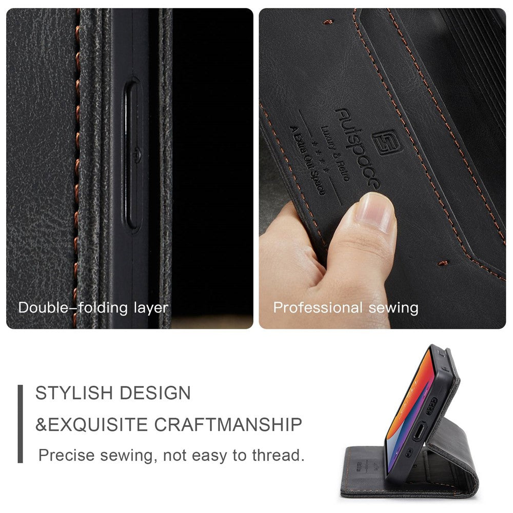AUTSPACE A01-serien til iPhone 12/12 Pro, 6,1-tommers PU-lædercover med RFID-blokerende pung og foldbart stativ