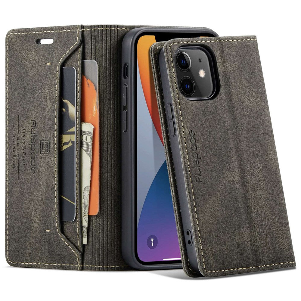 AUTSPACE A01-serien til iPhone 12/12 Pro, 6,1-tommers PU-lædercover med RFID-blokerende pung og foldbart stativ