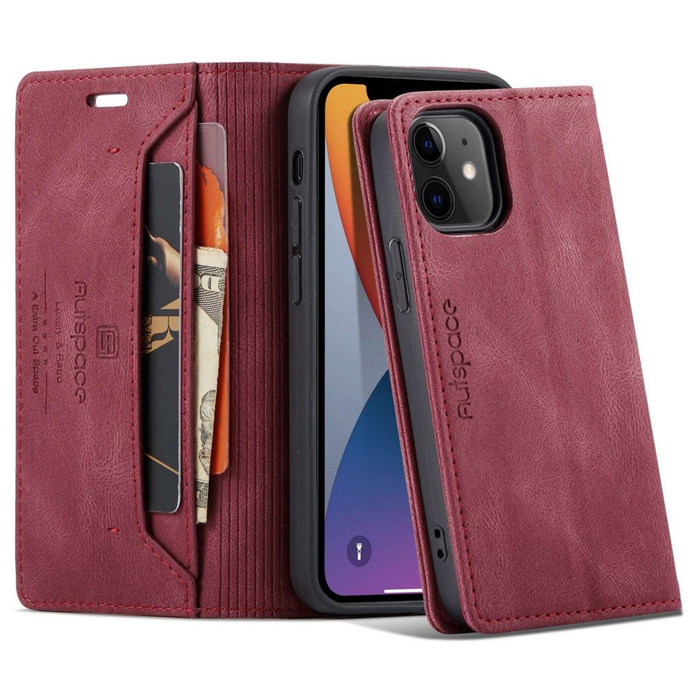 AUTSPACE A01-serien til iPhone 12/12 Pro, 6,1-tommers PU-lædercover med RFID-blokerende pung og foldbart stativ