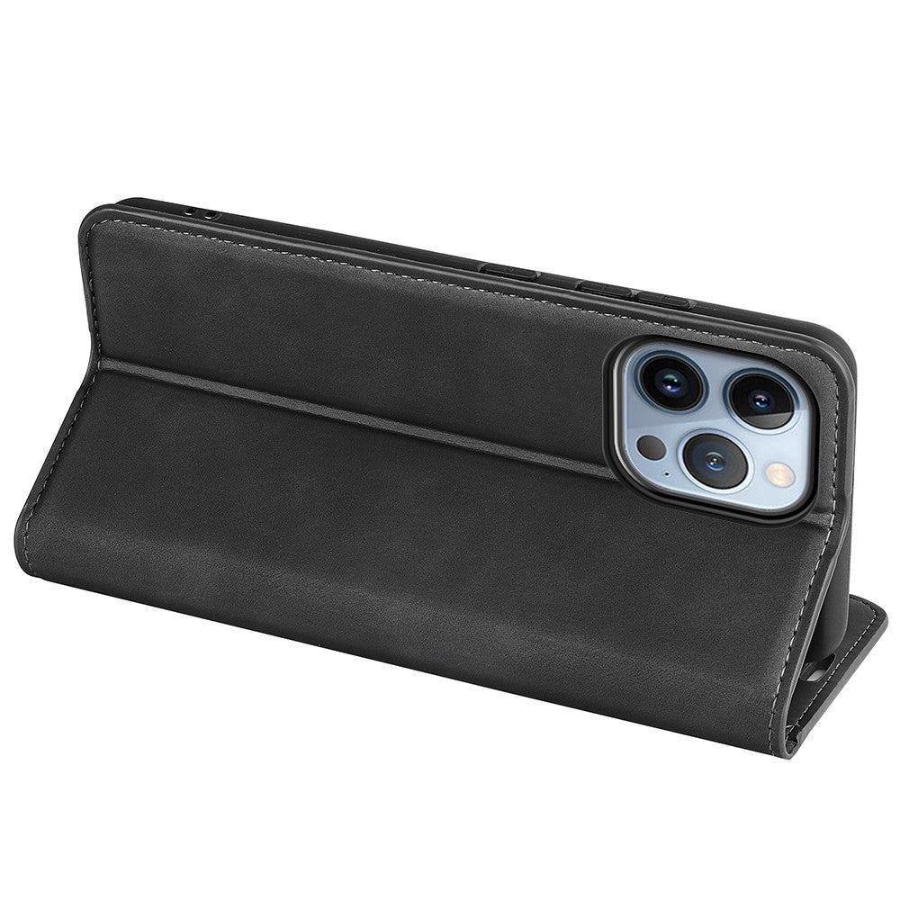 For iPhone 14 Pro 6.1 inch Soft Skin Feeling Leather Folio Book Flip Cover Horizontal Viewing Stand Magnetic Absorption Phone Case