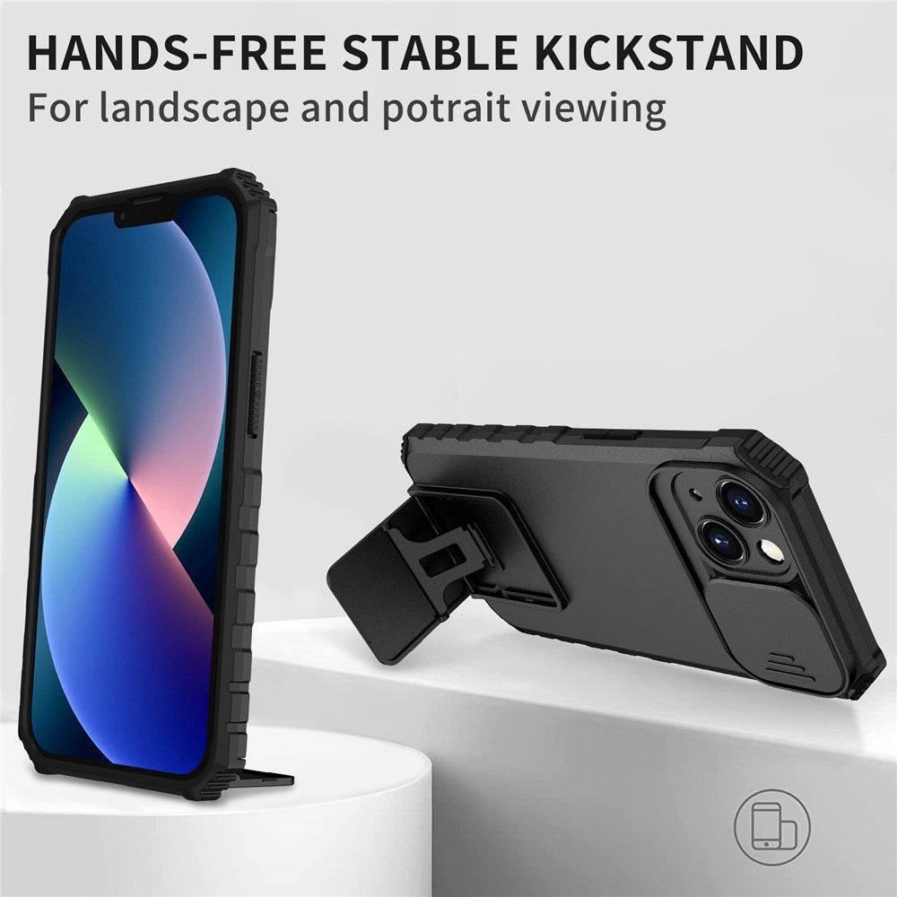 For iPhone 13 Pro 6.1 inch Camera Slider Design Adjustable Vertical Kickstand Phone Case PC + TPU Protective Cover
