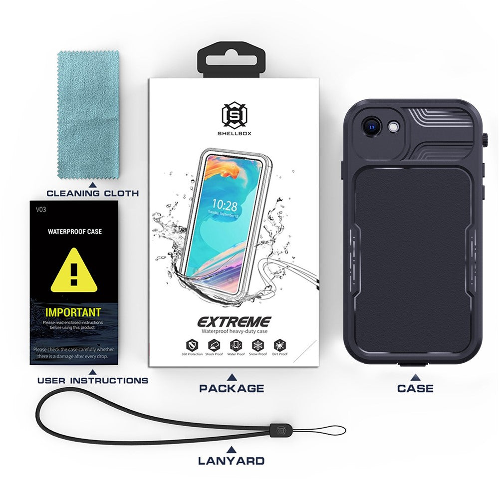 SHELLBOX A Series IP68 Vandtæt Hybrid Telefon Bagcover til iPhone 7 4.7 inch / 8 4.7 inch / SE (2020) / (2022), IP6X Støvtæt Beskyttende Cover med Snor