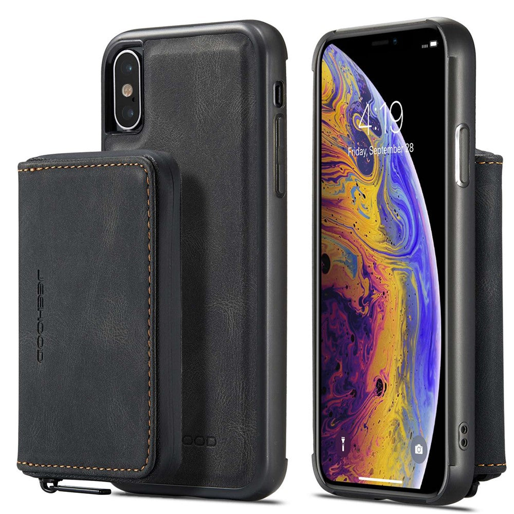 JEEHOOD För iPhone XS Max 6,5 tum Avtagbar Dragkedja Plånbok Magnetiskt Absorberande Fodral Fallskyddande Reptåligt Läderbelagt TPU mobilskal med Stöd