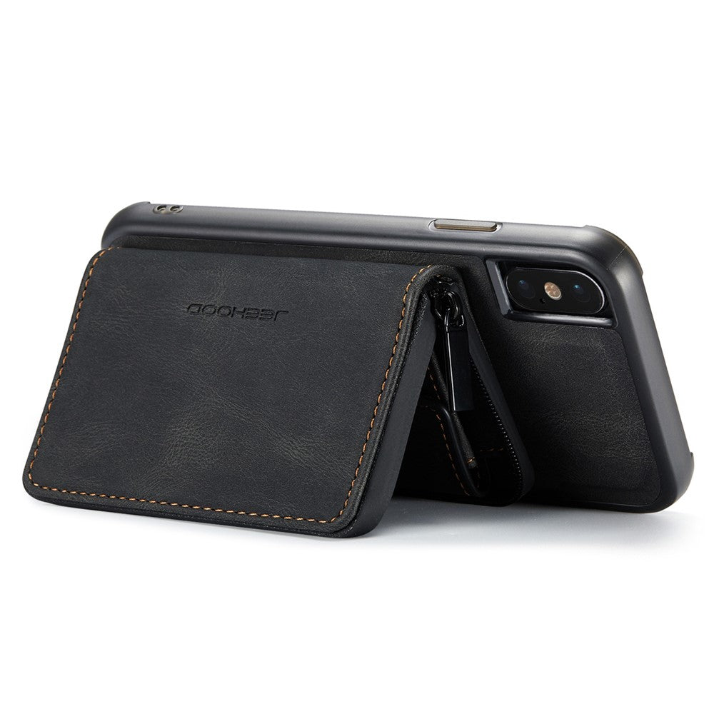 JEEHOOD För iPhone XS Max 6,5 tum Avtagbar Dragkedja Plånbok Magnetiskt Absorberande Fodral Fallskyddande Reptåligt Läderbelagt TPU mobilskal med Stöd
