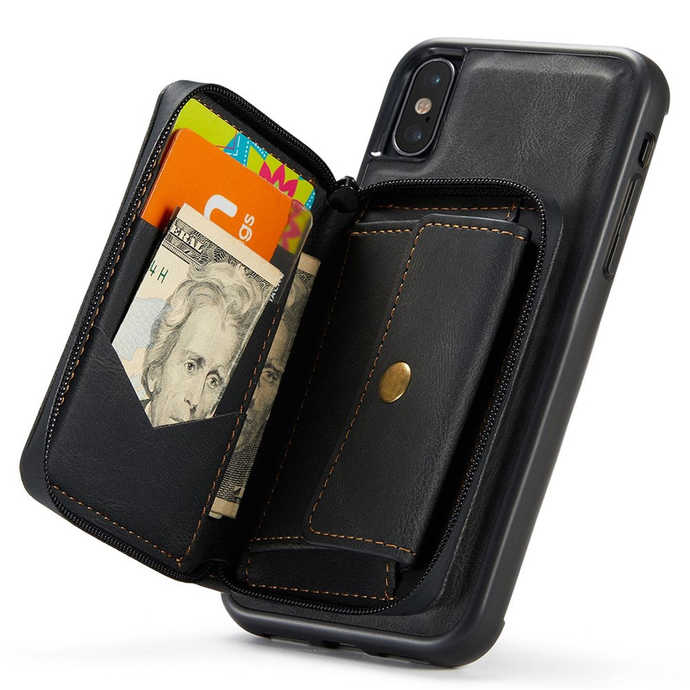 JEEHOOD För iPhone XS Max 6,5 tum Avtagbar Dragkedja Plånbok Magnetiskt Absorberande Fodral Fallskyddande Reptåligt Läderbelagt TPU mobilskal med Stöd