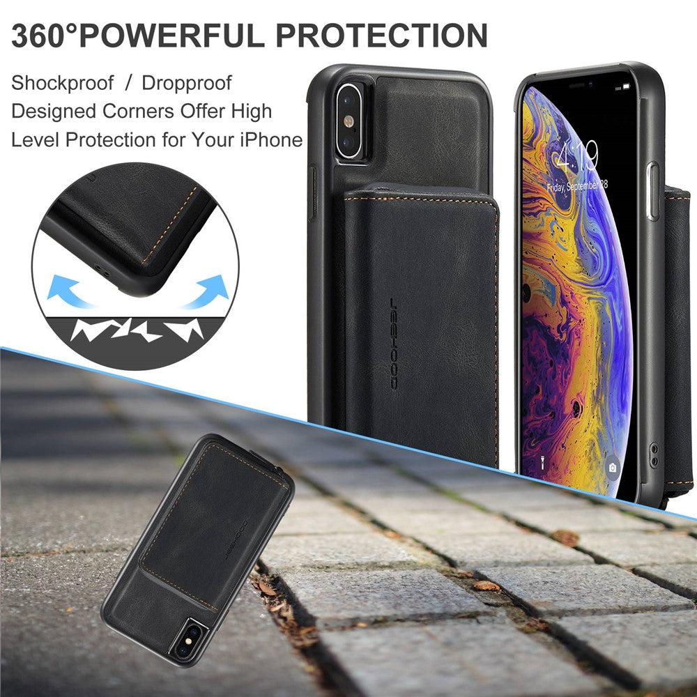JEEHOOD För iPhone XS Max 6,5 tum Avtagbar Dragkedja Plånbok Magnetiskt Absorberande Fodral Fallskyddande Reptåligt Läderbelagt TPU mobilskal med Stöd