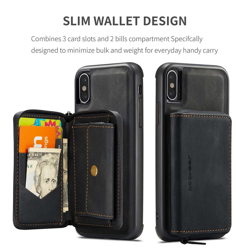 JEEHOOD För iPhone XS Max 6,5 tum Avtagbar Dragkedja Plånbok Magnetiskt Absorberande Fodral Fallskyddande Reptåligt Läderbelagt TPU mobilskal med Stöd