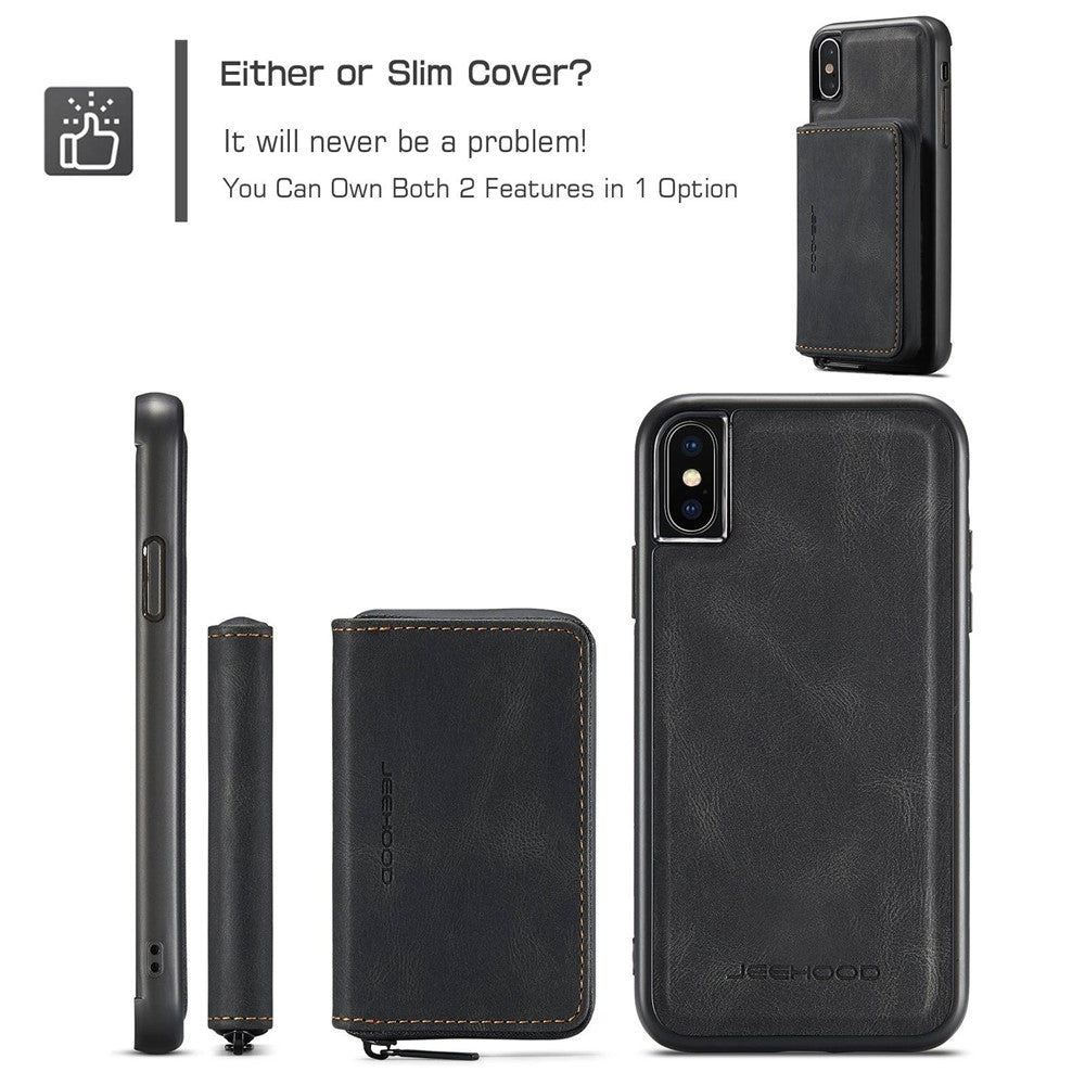 JEEHOOD För iPhone XS Max 6,5 tum Avtagbar Dragkedja Plånbok Magnetiskt Absorberande Fodral Fallskyddande Reptåligt Läderbelagt TPU mobilskal med Stöd