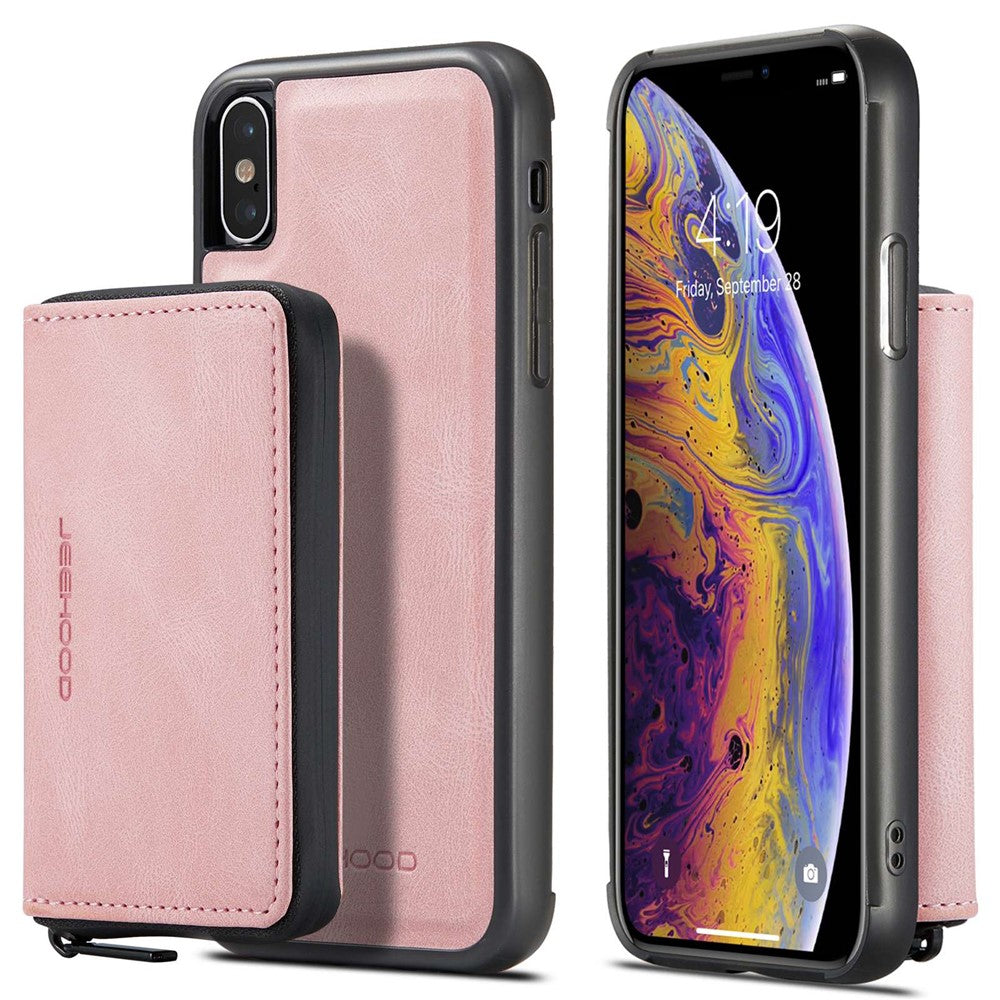 JEEHOOD För iPhone XS Max 6,5 tum Avtagbar Dragkedja Plånbok Magnetiskt Absorberande Fodral Fallskyddande Reptåligt Läderbelagt TPU mobilskal med Stöd