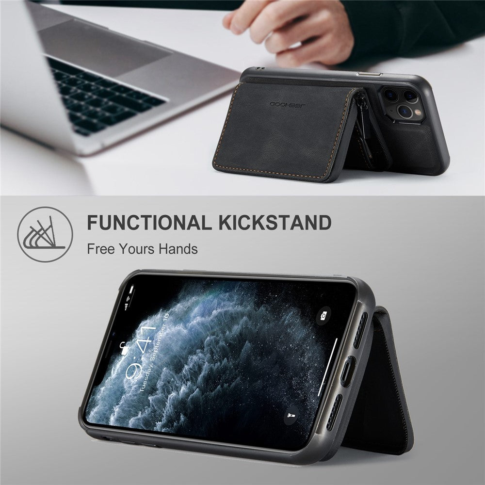 JEEHOOD For iPhone 11 Pro 5.8 inch Detachable Scratch-resistant Magnetic Zipper Wallet Style Cover Leather Coated TPU Well-protected Phone Case with Kickstand