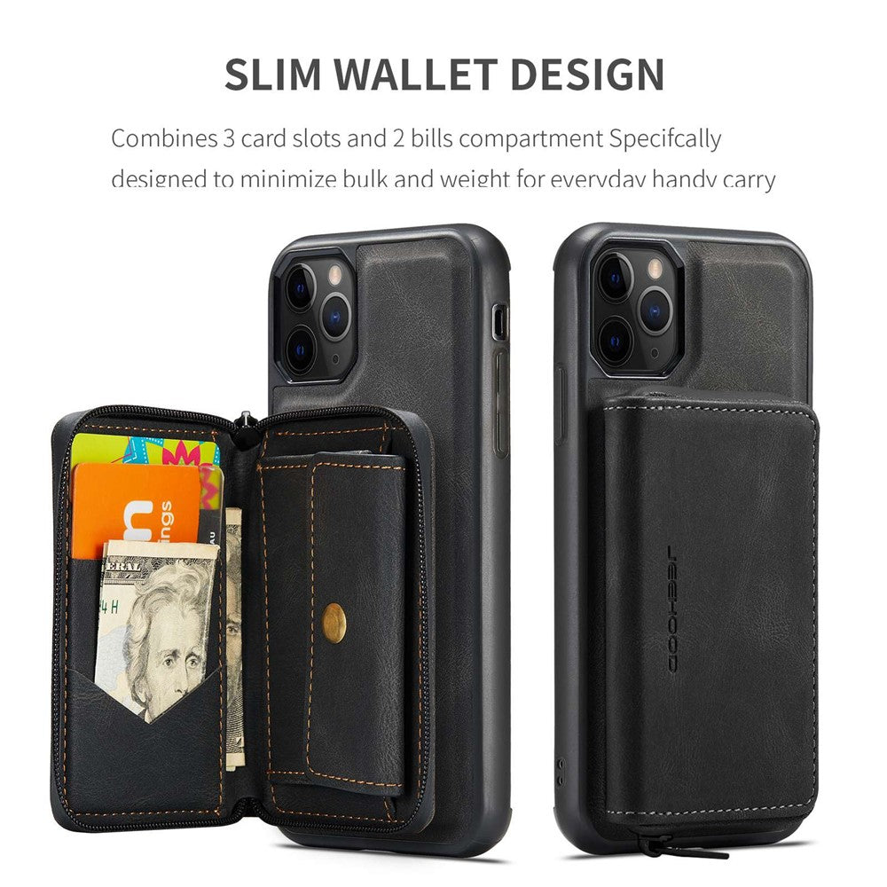 JEEHOOD For iPhone 11 Pro 5.8 inch Detachable Scratch-resistant Magnetic Zipper Wallet Style Cover Leather Coated TPU Well-protected Phone Case with Kickstand