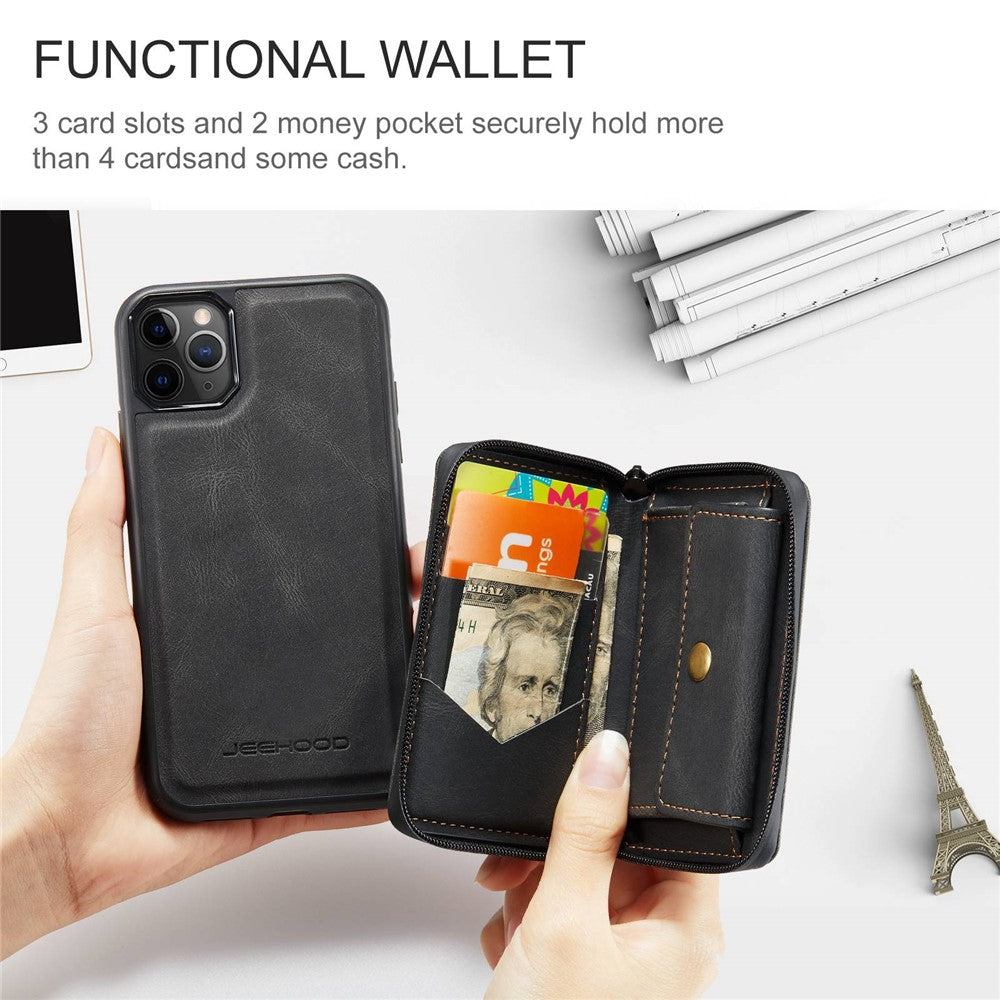 JEEHOOD For iPhone 11 Pro 5.8 inch Detachable Scratch-resistant Magnetic Zipper Wallet Style Cover Leather Coated TPU Well-protected Phone Case with Kickstand