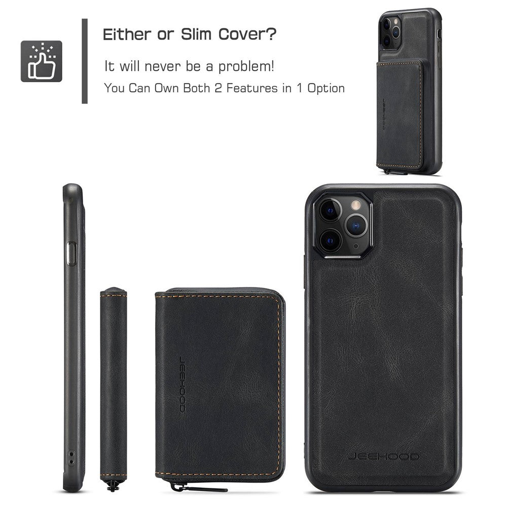 JEEHOOD For iPhone 11 Pro 5.8 inch Detachable Scratch-resistant Magnetic Zipper Wallet Style Cover Leather Coated TPU Well-protected Phone Case with Kickstand