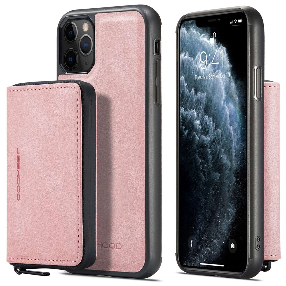 JEEHOOD For iPhone 11 Pro 5.8 inch Detachable Scratch-resistant Magnetic Zipper Wallet Style Cover Leather Coated TPU Well-protected Phone Case with Kickstand