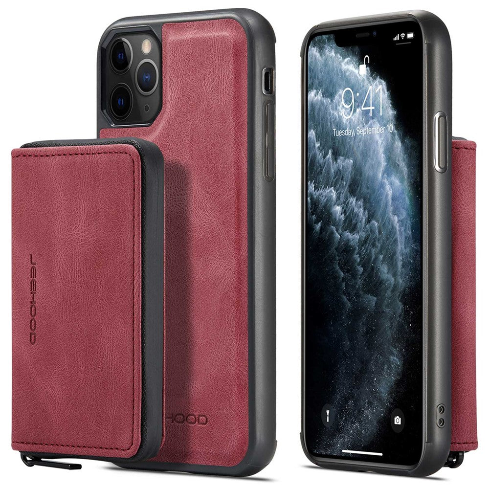 JEEHOOD For iPhone 11 Pro 5.8 inch Detachable Scratch-resistant Magnetic Zipper Wallet Style Cover Leather Coated TPU Well-protected Phone Case with Kickstand