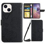 For iPhone 14 Plus 6.7 inch Imprinting Butterfly Flowers PU Leather Case with Shoulder Strap, Wallet Stand Phone Shell