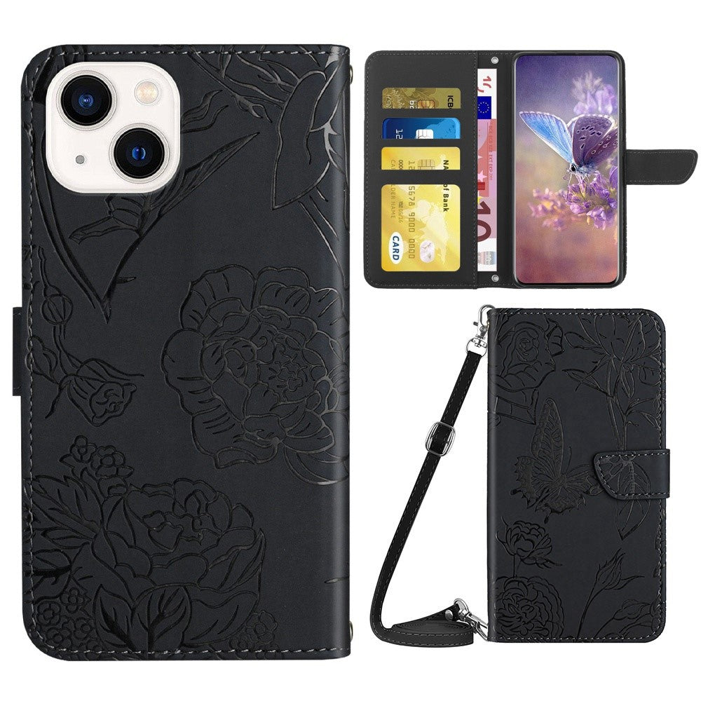 For iPhone 14 Plus 6.7 inch Imprinting Butterfly Flowers PU Leather Case with Shoulder Strap, Wallet Stand Phone Shell