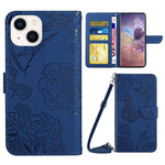 For iPhone 14 Plus 6.7 inch Imprinting Butterfly Flowers PU Leather Case with Shoulder Strap, Wallet Stand Phone Shell