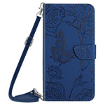 For iPhone 14 Plus 6.7 inch Imprinting Butterfly Flowers PU Leather Case with Shoulder Strap, Wallet Stand Phone Shell