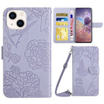 For iPhone 14 Plus 6.7 inch Imprinting Butterfly Flowers PU Leather Case with Shoulder Strap, Wallet Stand Phone Shell