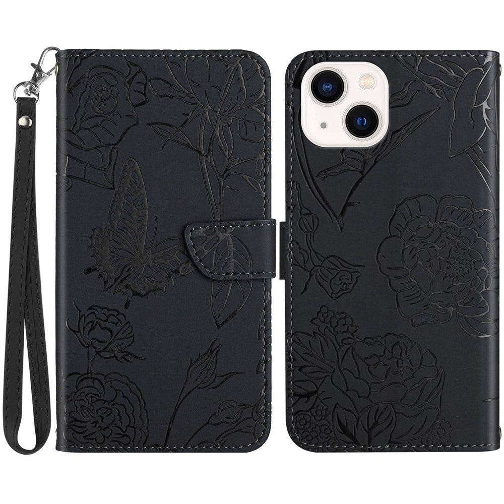Prægning Sommerfugl Blomster Telefoncover til iPhone 14 Plus 6.7 tommer, PU Læder Stativ Pung Beskyttelsesetui med Praktisk Strop