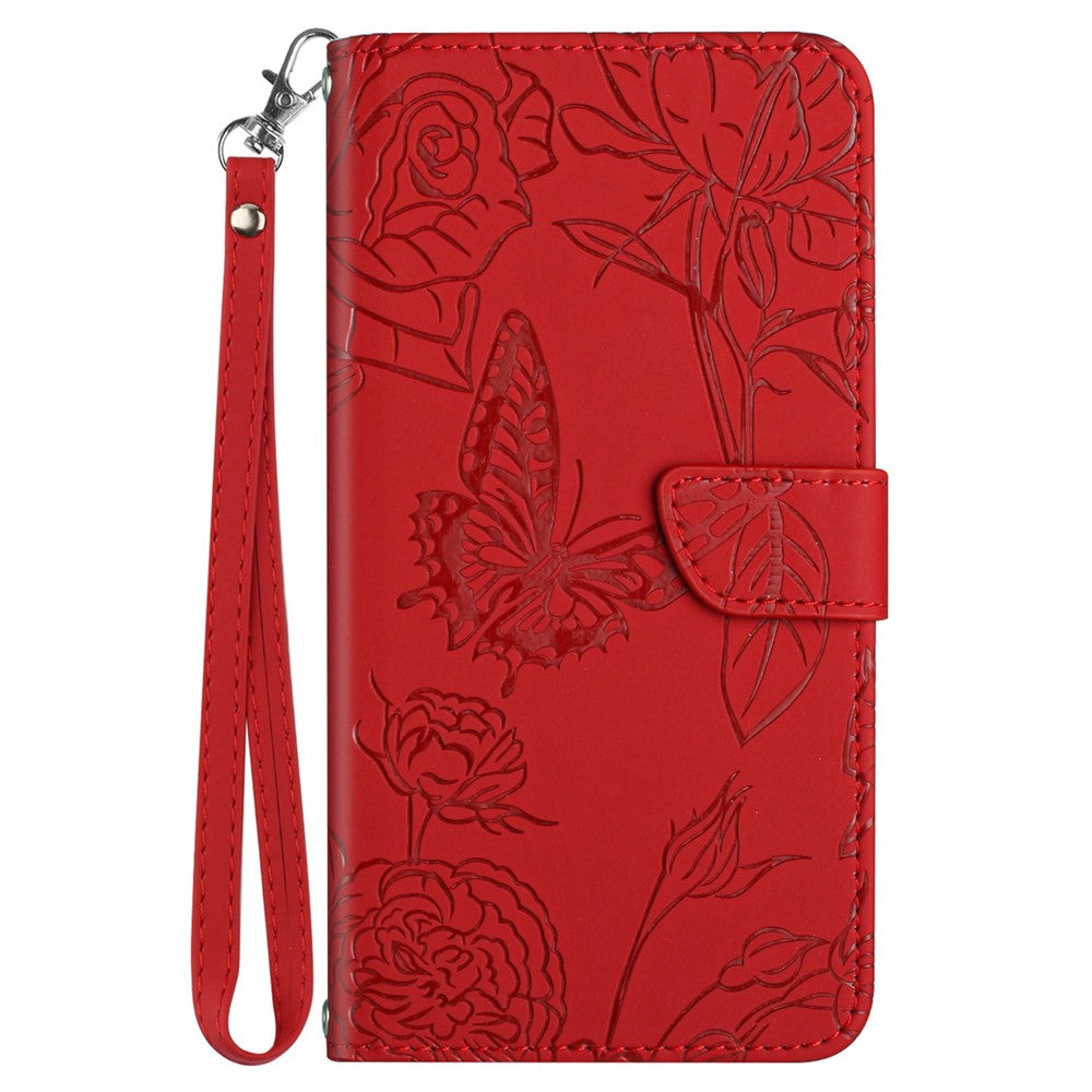 Imprinting Butterfly Flowers Phone Cover for iPhone 14 Plus 6.7 inch, PU Leather Stand Wallet Protective Case with Handy Strap