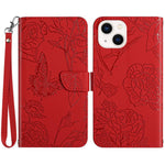 For iPhone 14 6.1 inch Imprinting Butterfly Flowers Skin-touch Phone Case PU Leather Stand Wallet Shell with Handy Strap