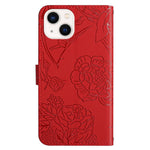 For iPhone 14 6.1 inch Imprinting Butterfly Flowers Skin-touch Phone Case PU Leather Stand Wallet Shell with Handy Strap
