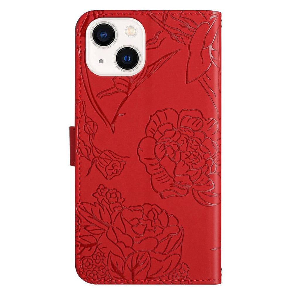 For iPhone 14 6.1 inch Imprinting Butterfly Flowers Skin-touch Phone Case PU Leather Stand Wallet Shell with Handy Strap