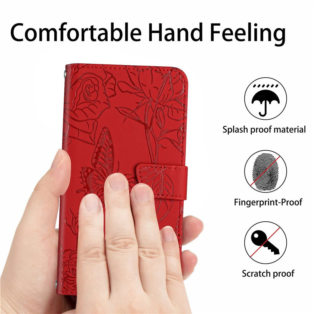 For iPhone 14 6.1 inch Imprinting Butterfly Flowers Skin-touch Phone Case PU Leather Stand Wallet Shell with Handy Strap