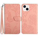 For iPhone 14 6.1 inch Imprinting Butterfly Flowers Skin-touch Phone Case PU Leather Stand Wallet Shell with Handy Strap