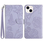 For iPhone 14 6.1 inch Imprinting Butterfly Flowers Skin-touch Phone Case PU Leather Stand Wallet Shell with Handy Strap