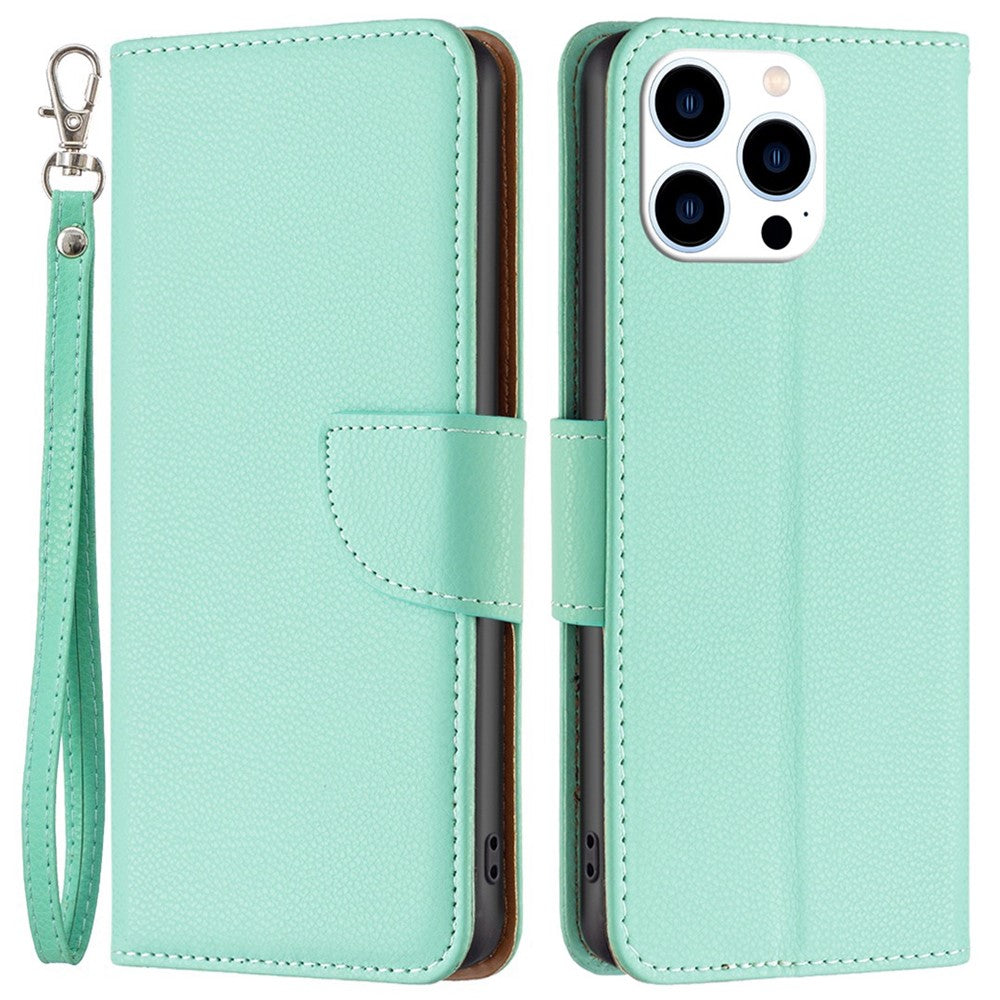 For iPhone 14 Pro Wallet Case Litchi Texture Flip Leather Mobile Cover Stand with Strap
