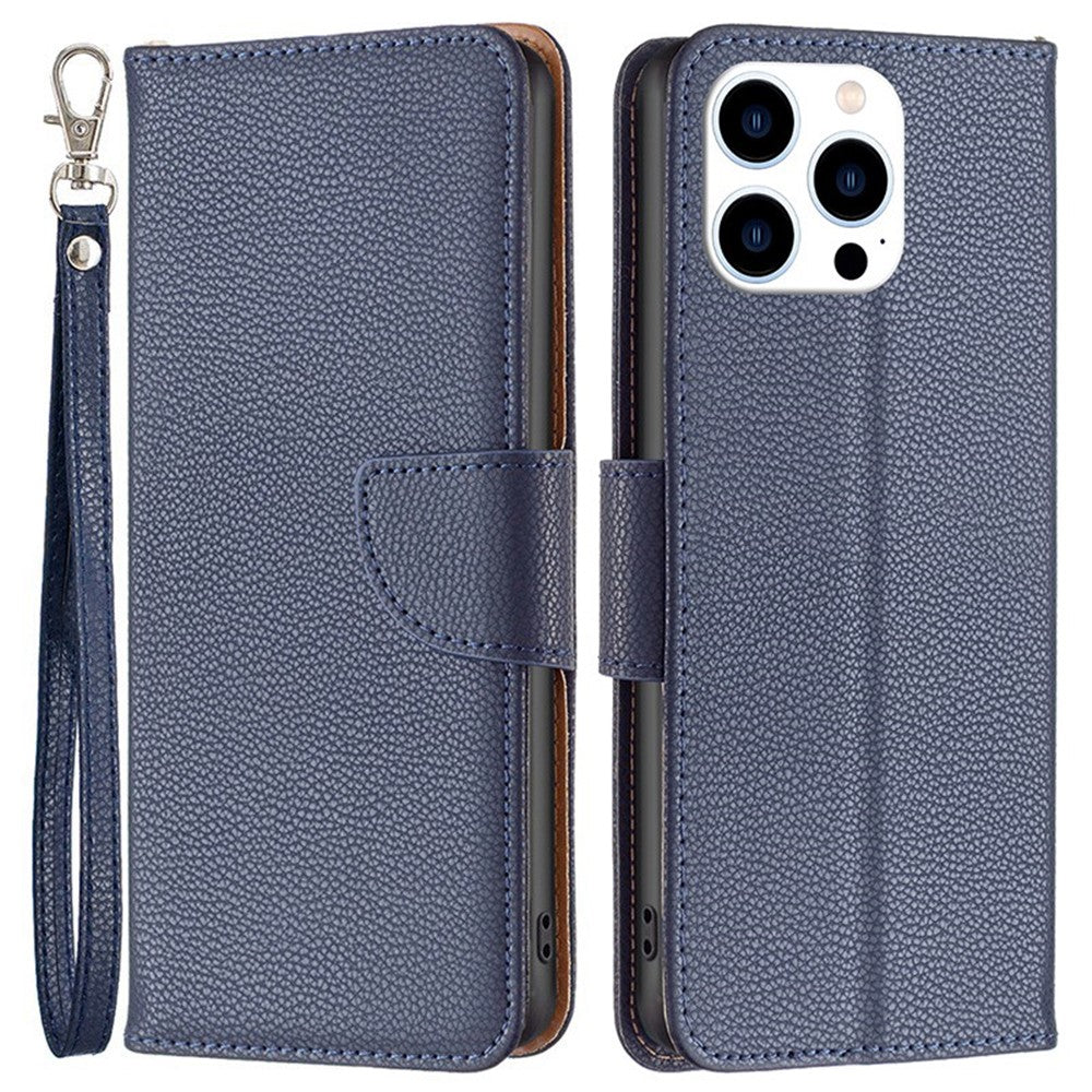For iPhone 14 Pro Wallet Case Litchi Texture Flip Leather Mobile Cover Stand with Strap