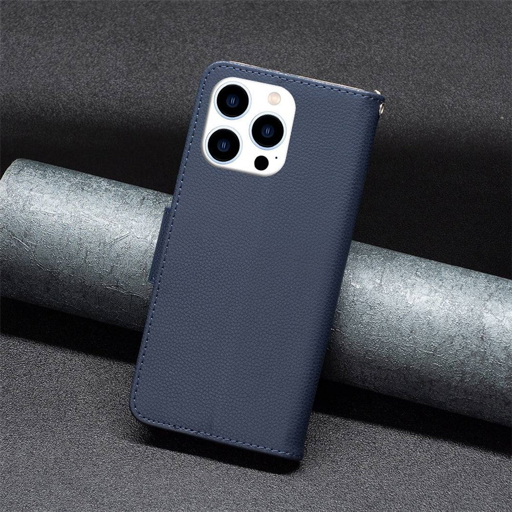 For iPhone 14 Pro Wallet Case Litchi Texture Flip Leather Mobile Cover Stand with Strap