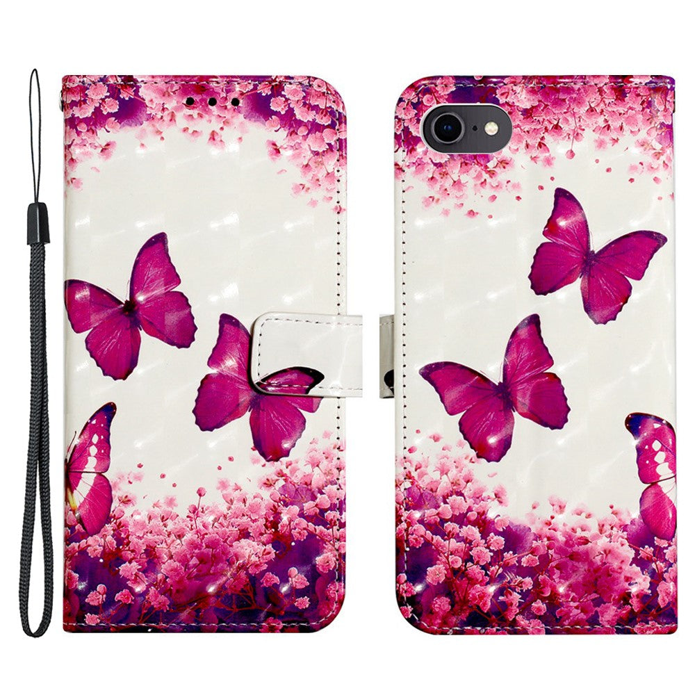 For iPhone SE (2020) / SE (2022) / 7 / 8 Leather Case 3D Pattern Printing Wallet Stand Mobile Cover with Strap