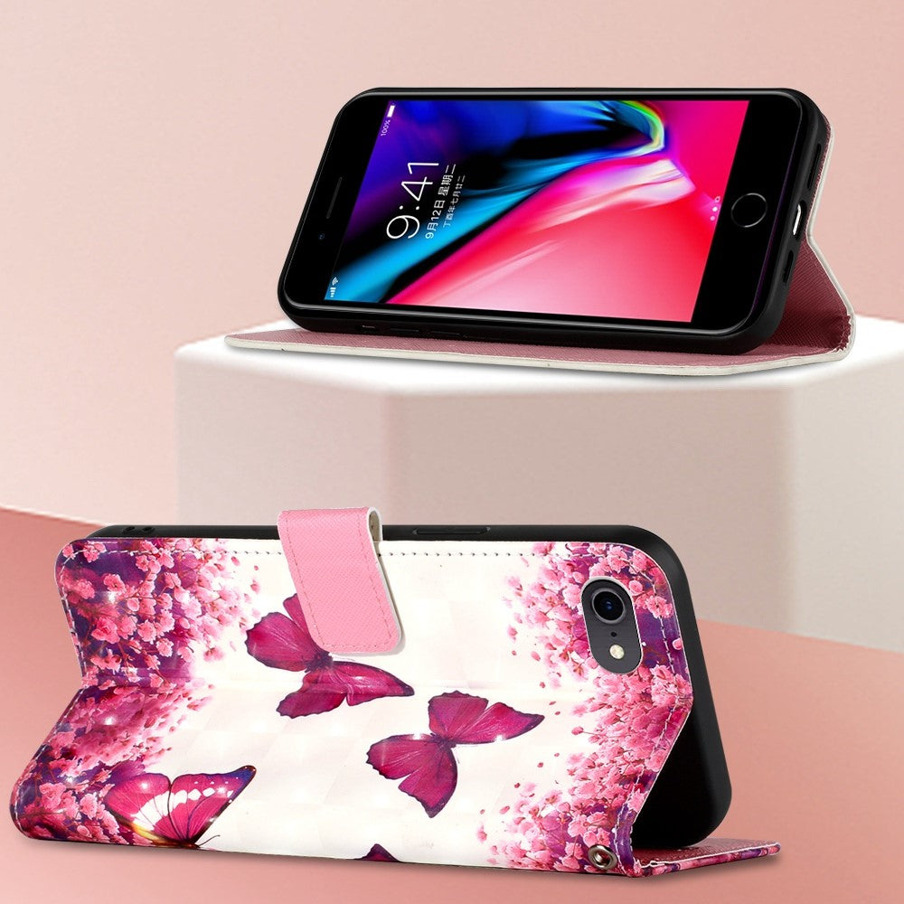 For iPhone SE (2020) / SE (2022) / 7 / 8 Leather Case 3D Pattern Printing Wallet Stand Mobile Cover with Strap