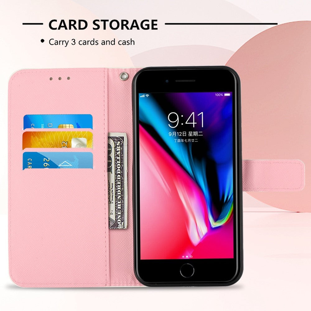 For iPhone SE (2020) / SE (2022) / 7 / 8 Leather Case 3D Pattern Printing Wallet Stand Mobile Cover with Strap
