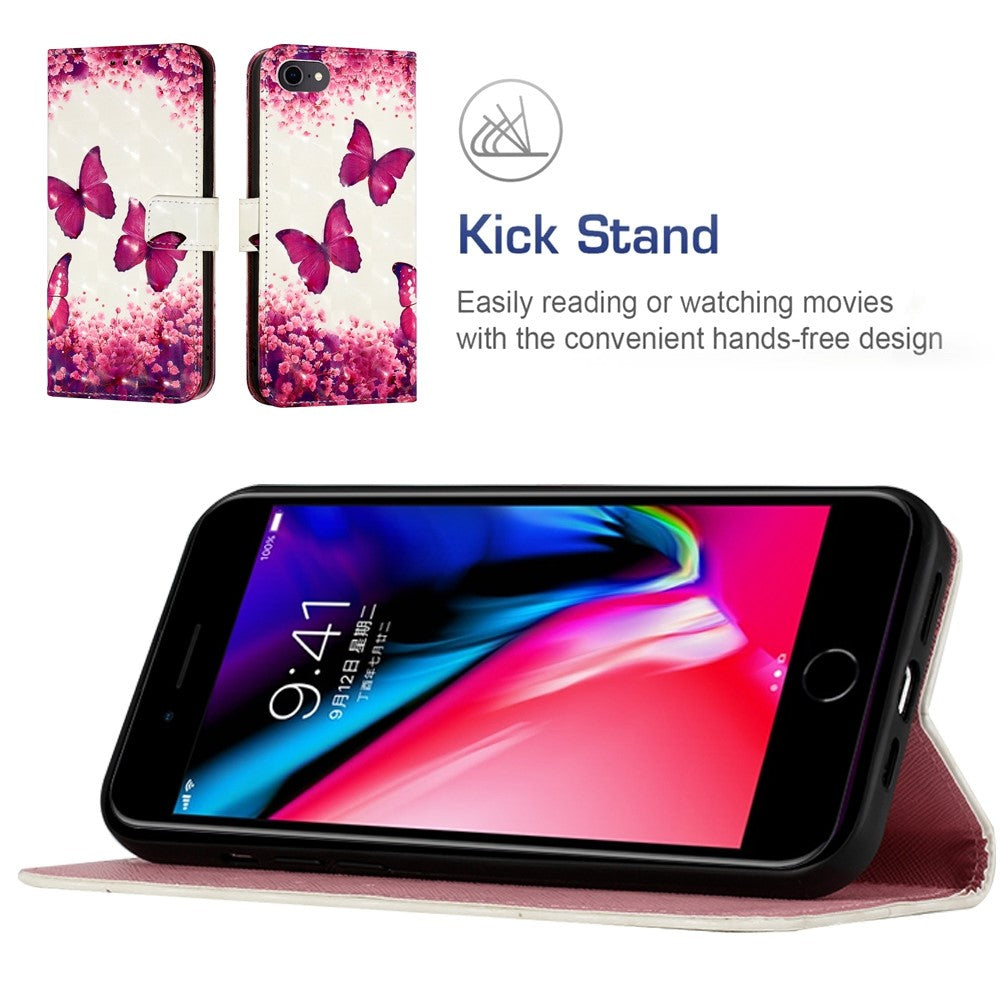 For iPhone SE (2020) / SE (2022) / 7 / 8 Leather Case 3D Pattern Printing Wallet Stand Mobile Cover with Strap