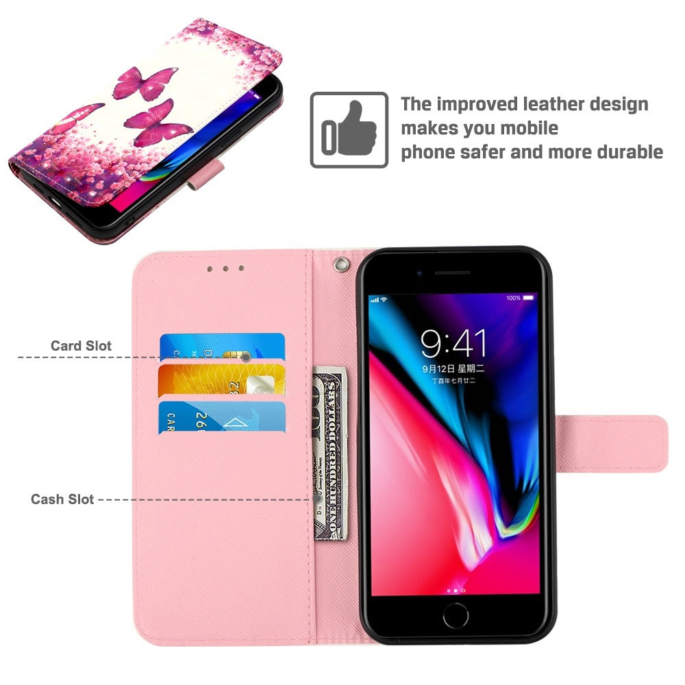 For iPhone SE (2020) / SE (2022) / 7 / 8 Leather Case 3D Pattern Printing Wallet Stand Mobile Cover with Strap