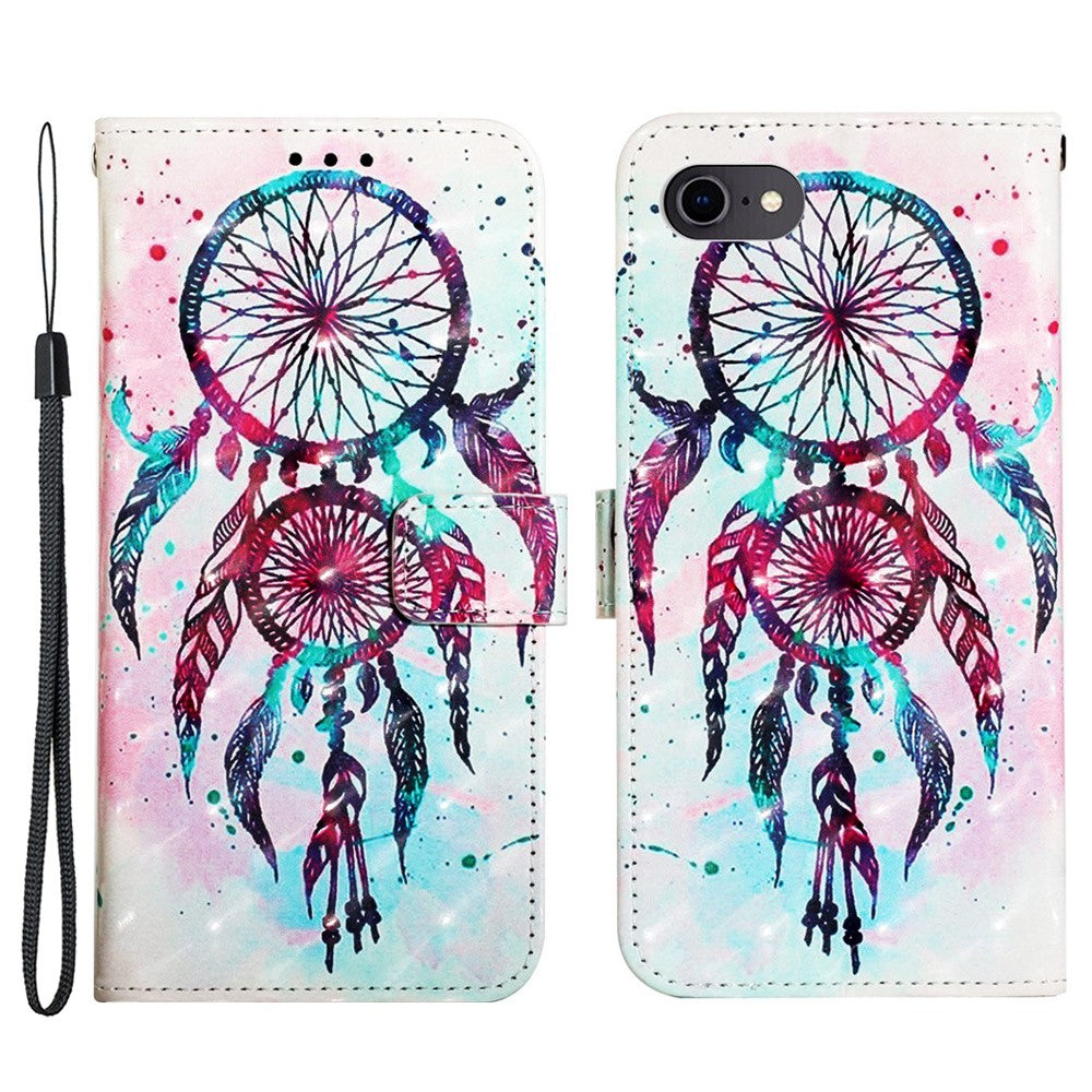 For iPhone SE (2020) / SE (2022) / 7 / 8 Leather Case 3D Pattern Printing Wallet Stand Mobile Cover with Strap