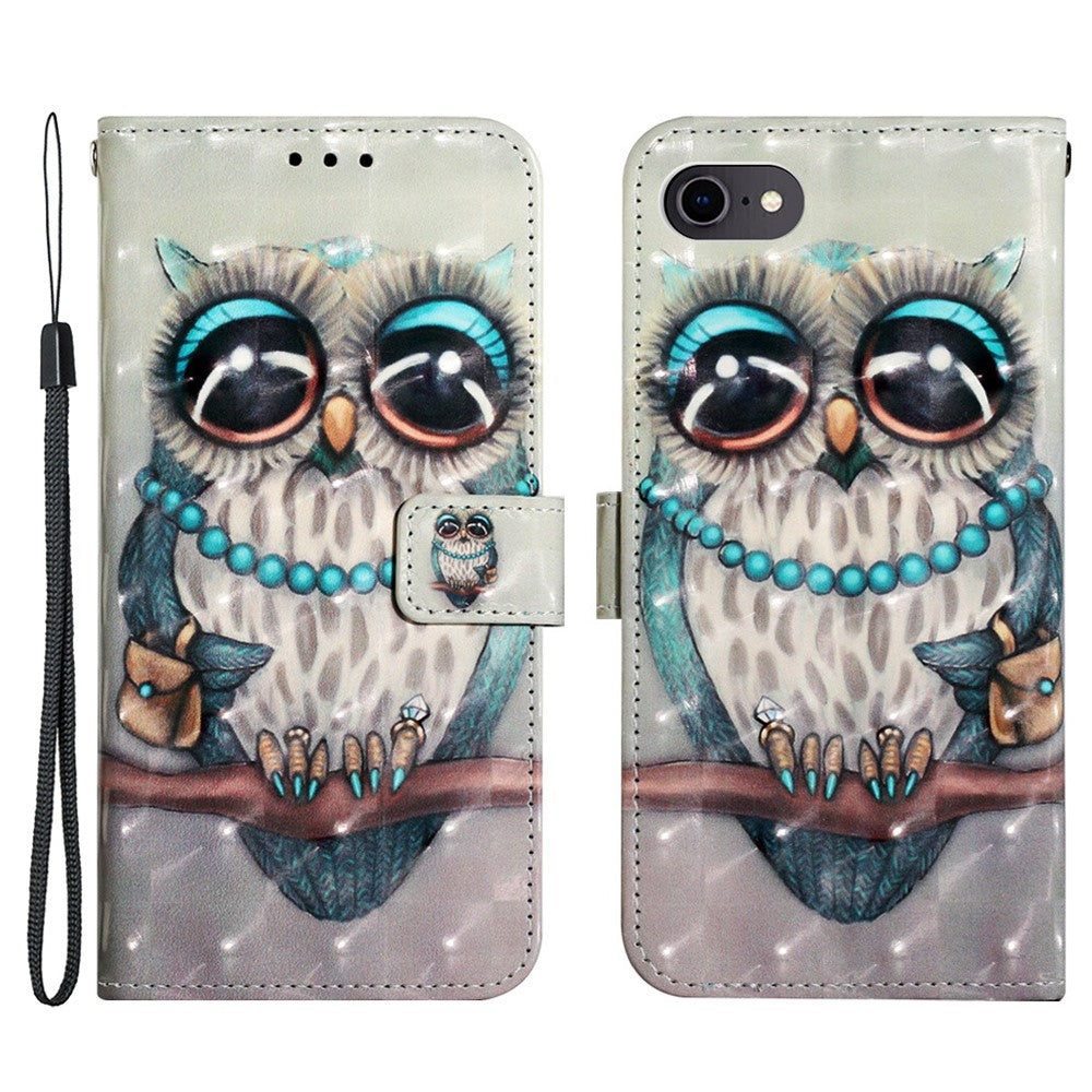 For iPhone SE (2020) / SE (2022) / 7 / 8 Leather Case 3D Pattern Printing Wallet Stand Mobile Cover with Strap