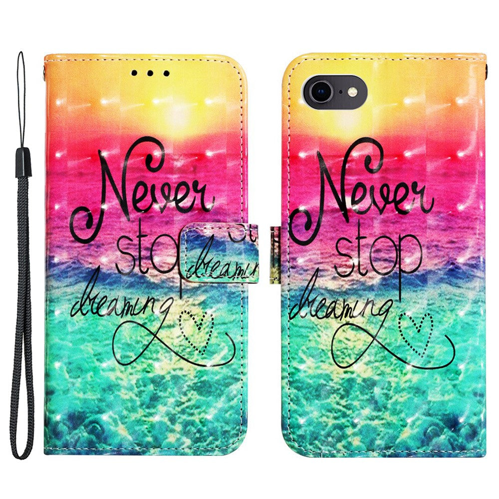 For iPhone SE (2020) / SE (2022) / 7 / 8 Leather Case 3D Pattern Printing Wallet Stand Mobile Cover with Strap