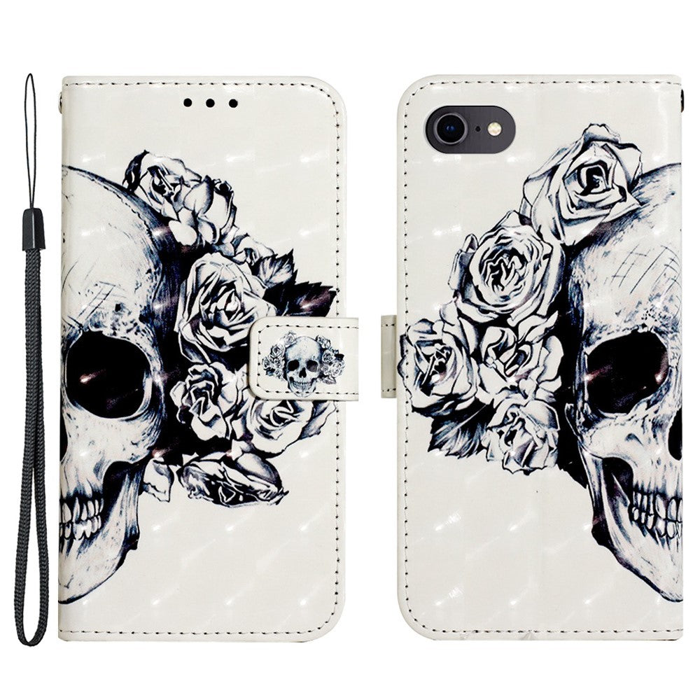 For iPhone SE (2020) / SE (2022) / 7 / 8 Leather Case 3D Pattern Printing Wallet Stand Mobile Cover with Strap