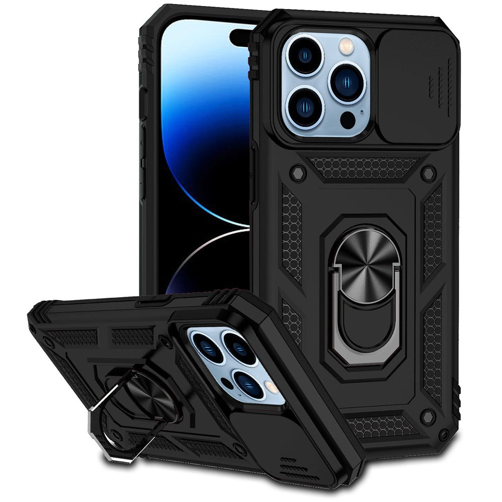 For iPhone 14 Pro 6.1 inch Hard PC + Soft TPU Rotary Kickstand Case Anti-fall Phone Cover with Slide Camera Protection Cover