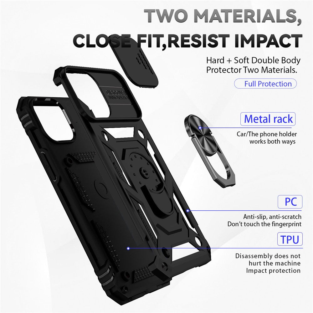 For iPhone 14 Pro 6.1 inch Hard PC + Soft TPU Rotary Kickstand Case Anti-fall Phone Cover with Slide Camera Protection Cover
