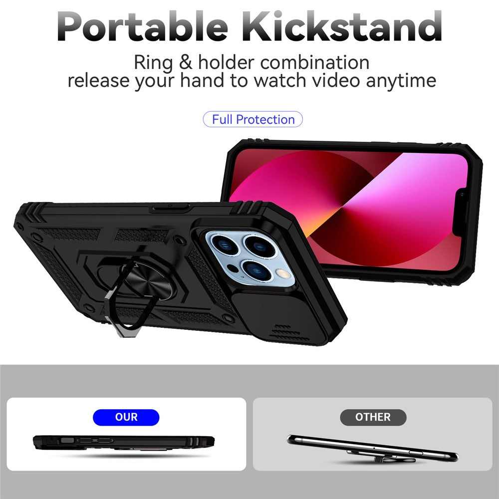 For iPhone 14 Pro 6.1 inch Hard PC + Soft TPU Rotary Kickstand Case Anti-fall Phone Cover with Slide Camera Protection Cover