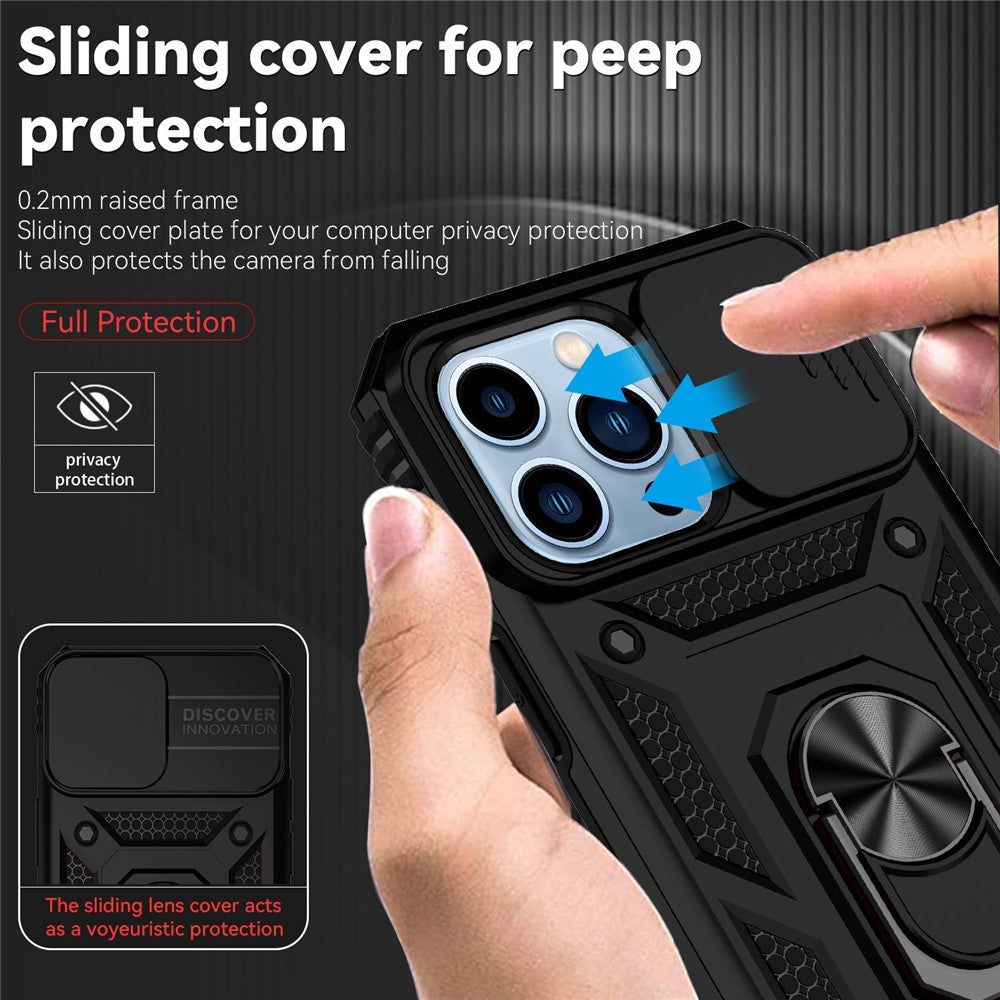 For iPhone 14 Pro 6.1 inch Hard PC + Soft TPU Rotary Kickstand Case Anti-fall Phone Cover with Slide Camera Protection Cover